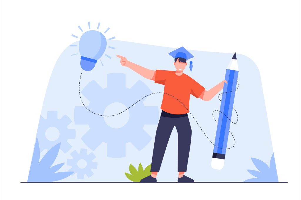 Education and knowledge is power to build creativity, idea or solution. Man wearing graduation hat or mortar board and hands hold pencil. flat illustration vector design